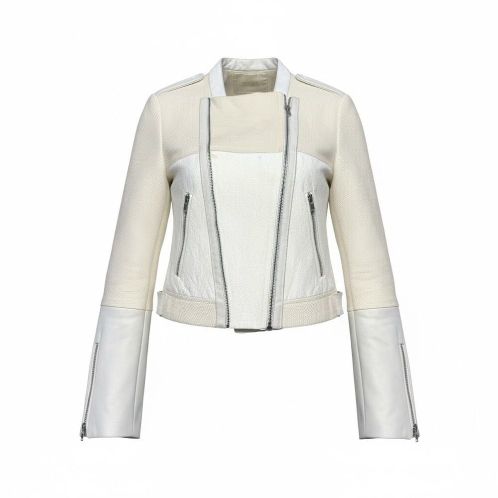 Maje Paris Cotton Linen Leather Panel Jacket Ivory Beige Moto Size US 4